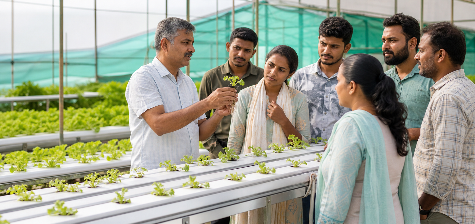 Hands-on hydroponics training in a greenhouse